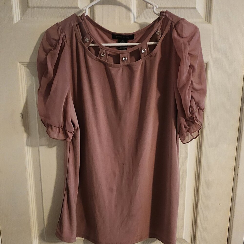 Mauve Pink Puff Sleeve Blouse with Rhinestone Keyhole Neckline